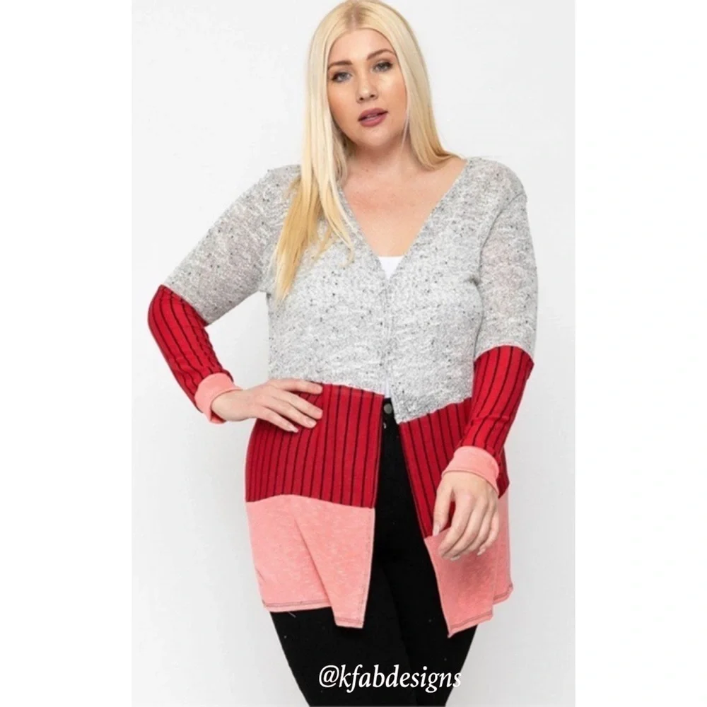 LAST Few! Plus Size Lightweight Silver/Red Coral So Soft Lightweight Cardigan! - Picture 4 of 9
